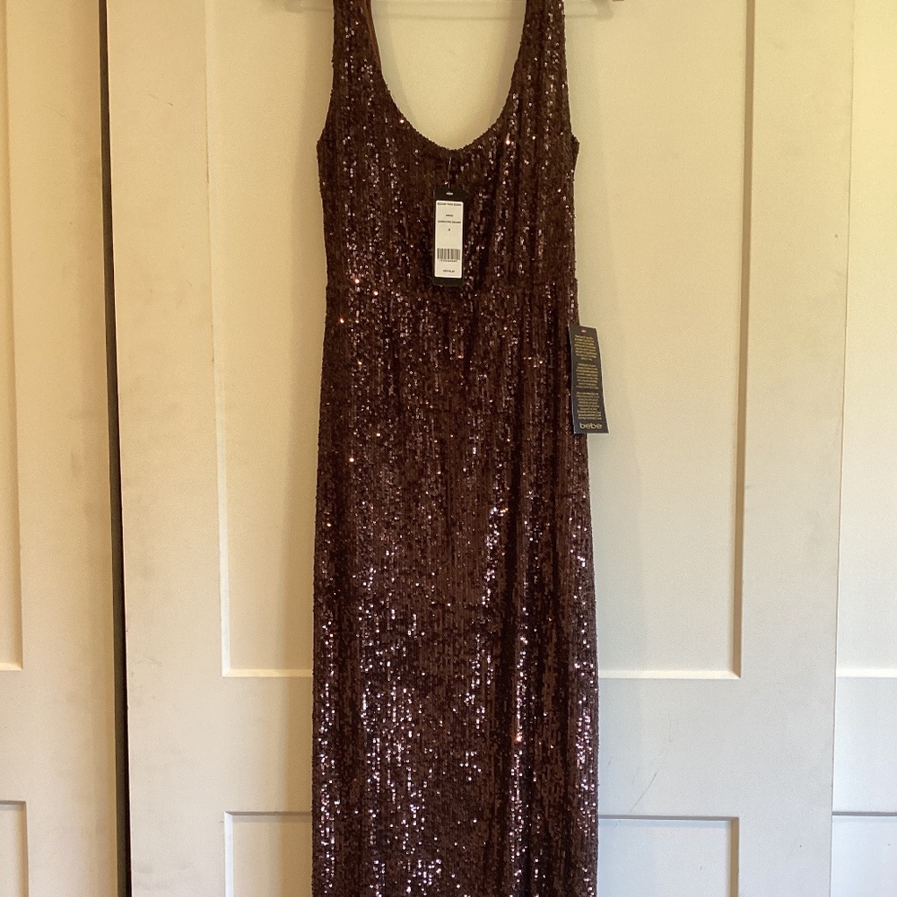 BEBE brown sequin gown.
